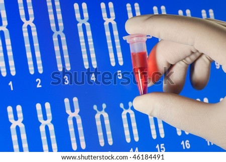 biomedical research: hand holding centrifugal tubes with red liquid on human chromosome background