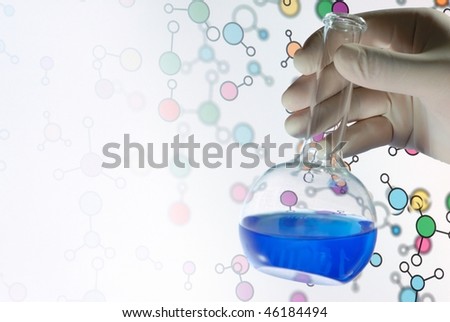 chemistry research: hand holding flask with blue liquid on abstract molecular background
