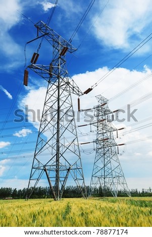 High voltage power lines above wheat field