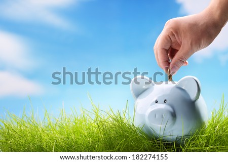 Coin bank sitting on grass with hand putting in a coin