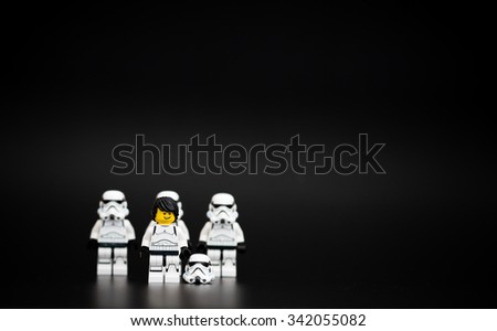 Orvieto, Italy - November 15th 2015: Star Wars Lego Stormtroopers mini figures fans. Lego is a popular line of construction toys manufactured by the Lego Group