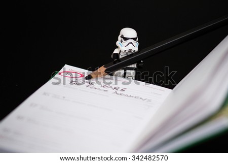 Orvieto, Italy - November 22th 2015: Star Wars Lego Stormtroopers writing on calendar date of new film of Star Wars saga.