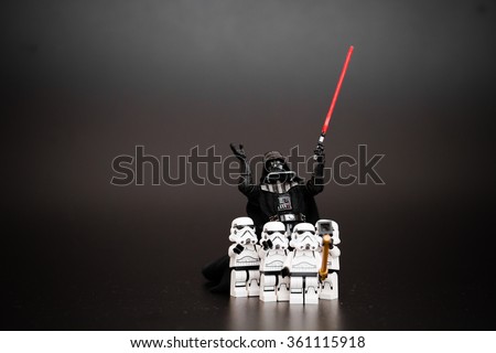Orvieto, Italy - January 12th 2015: Group o Star Wars Lego Stormtroopers mini figures take a selfie with Darth Vader.  Lego is a popular line of construction toys manufactured by the Lego Group