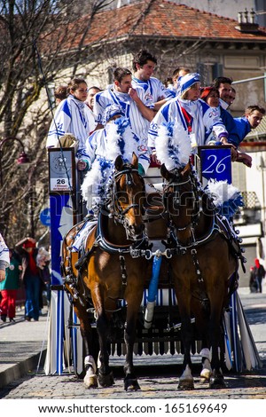 Ivrea-March 6,2011 : Historic Carnival of Ivrea. Battle of 9 teams \