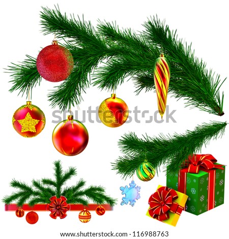 set of Christmas tree fir branches decorated of christmas balls, bow and gifts on white background