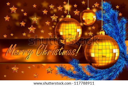 golden christmas background with the words Merry Christmas greetings, decorated of blue fir branch and three christmas balls