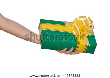 Woman giving a present in the green box with yellow bow