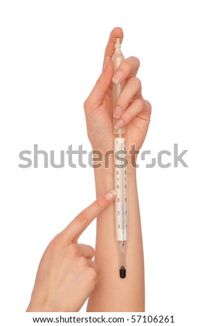 woman showing summer temperature on the Celsius thermometer