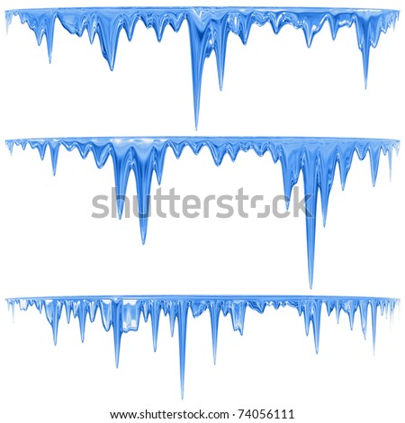 Thawing icicles of a blue shade with water droplets