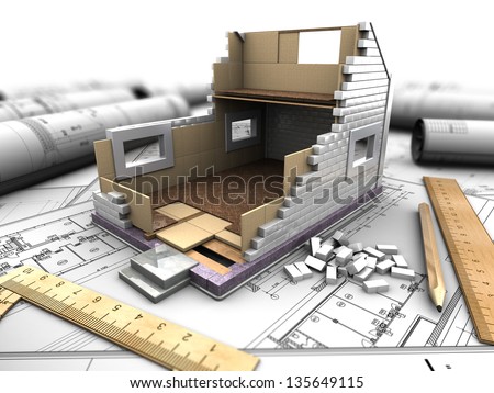 3D illustration of a model home in the background drawings 3D illustration of a model home in the background drawings