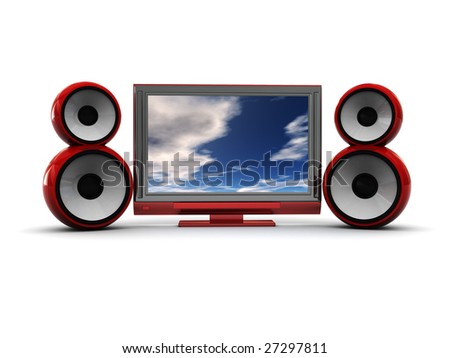 3d illustration of plasma tv and audio speakers over white background