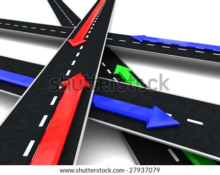 abstract 3d illustration of roads with colorful arrows, directions, over white background
