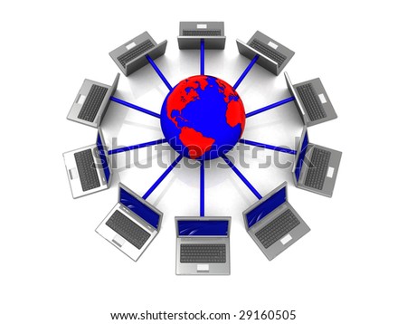 3d illustration of laptops connected to earth globe