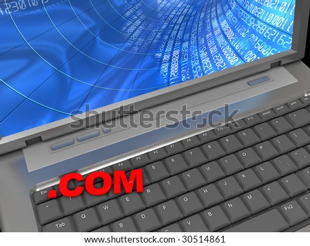 3d illustration of laptop and text \'com\' on keyboard, internet concpt
