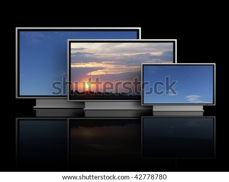 3d illustration of three plasma tv over black background