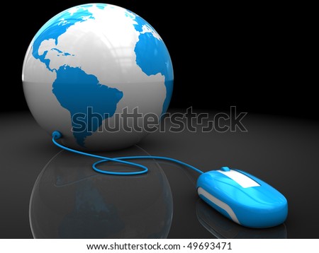 3d illustration of computer mouse connected to earth globe, internet concept