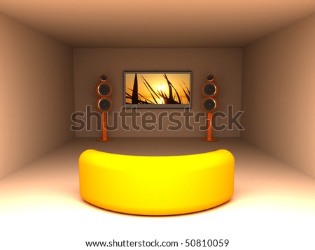 3d illustration of warm colors room with tv and sofa
