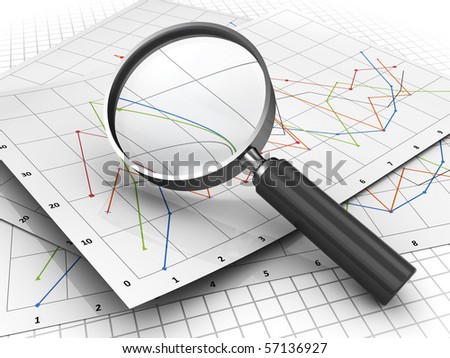 3d illustration of documents diagrams and magnify glass