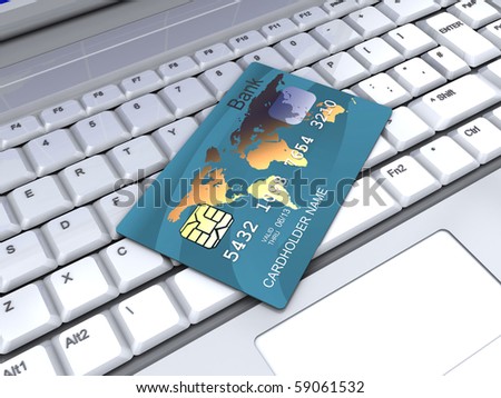 3d illustration of plastic card and computer keyboard, internet banking concept