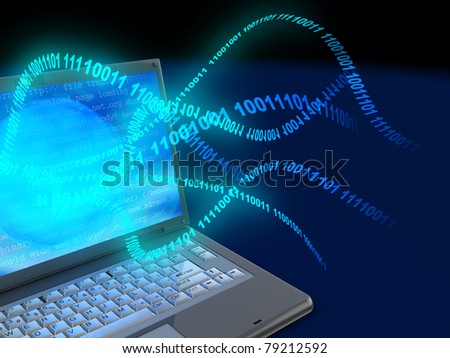 3d illustration of laptop computer with binary code stream