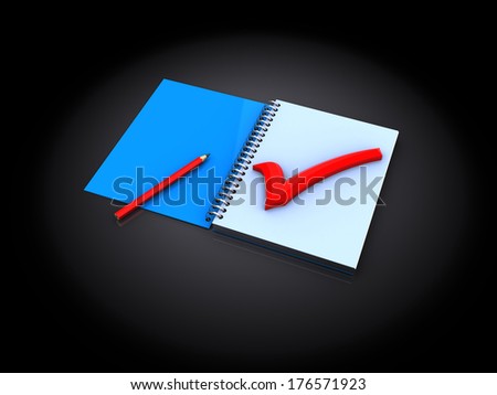 3d illustration of notepad with red tick, over black background