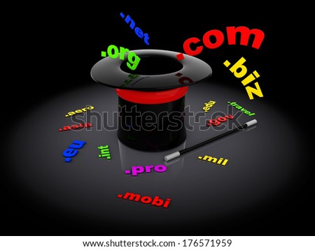 3d illustration of magic hat and domain names over dark background