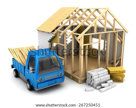 3d illustration of frame house construction and small truck