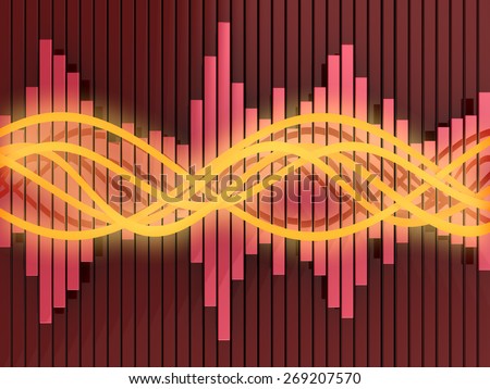 abstract 3d illustration of sound waves and spectrum, red and orange colors