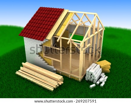 3d illustration of frame house building, summer grass and sky background