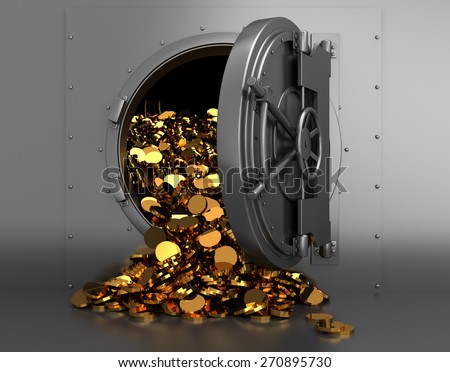 3d illustration of opened bank treasury full of golden coins
