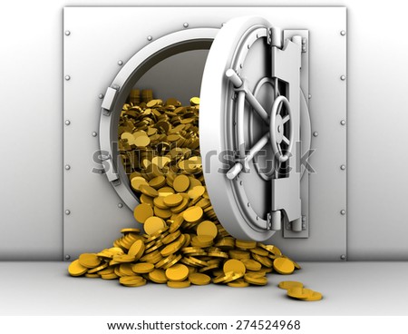 3d illustration of opened bank treasury full of golden coins