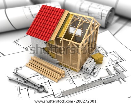 3d illustration of frame house model over blueprints background
