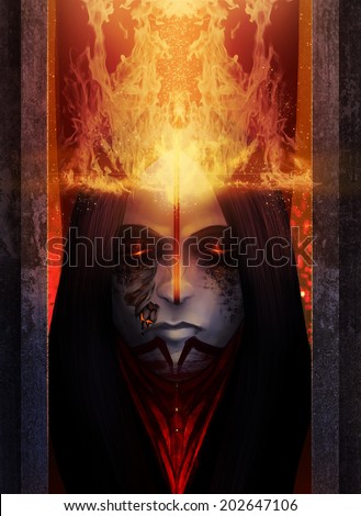 Fantasy fire goddess witch with shattered skin art portrait illustration.