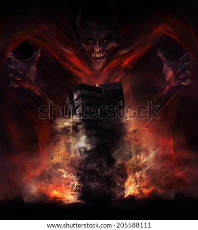 Devil destruction. Smiling demon looking creature destroying building with a rope hold illustration.