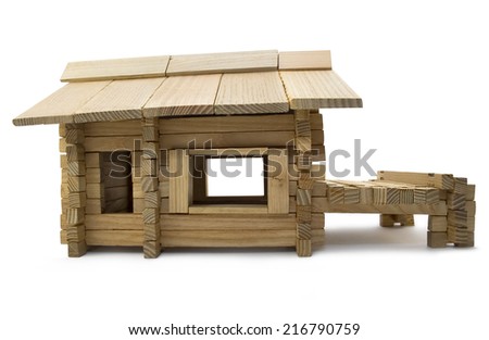 Wooden house profile. Isolated wooden toy house profile view.