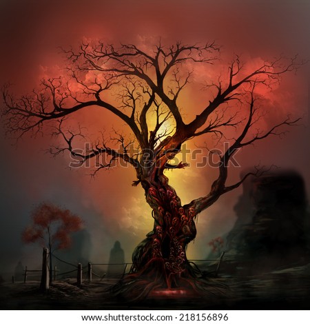 Horror tree. Scary horror tree with zombie and monster demon faces.