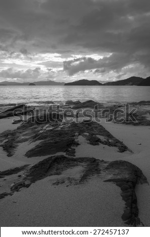 Beautiful Seascape, Ocean and Rocks at Phuket, Thailand, Black and White Image.