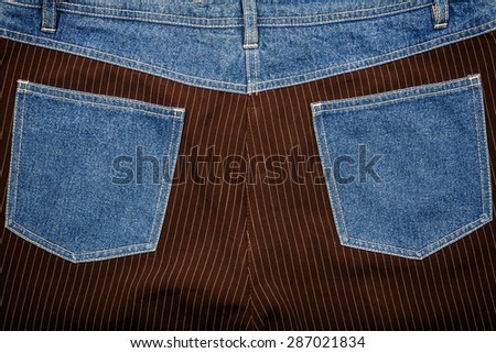 Jeans and lined brown fabric textures with jeans back pockets