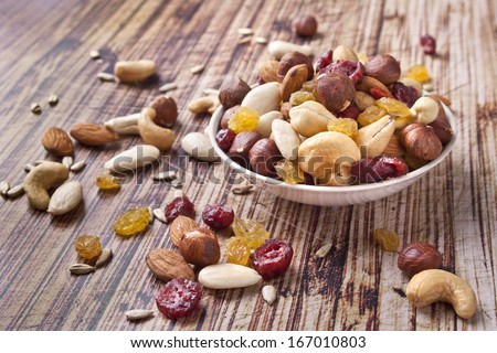 Mix nuts and dry fruits on wooden background