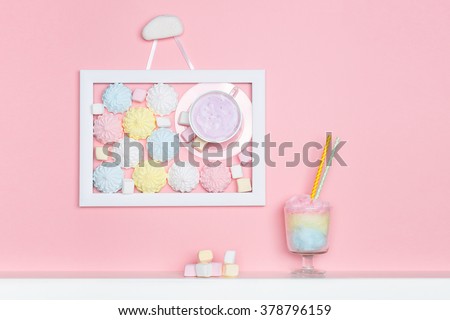 Cup of the wall. Minimal style. Vanilla candy. Pastel marshmallows