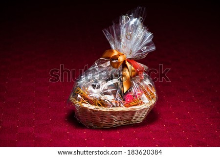 gift basket against red background