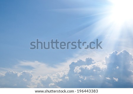 blue sky background with sunshine, dense clouds and copy-space