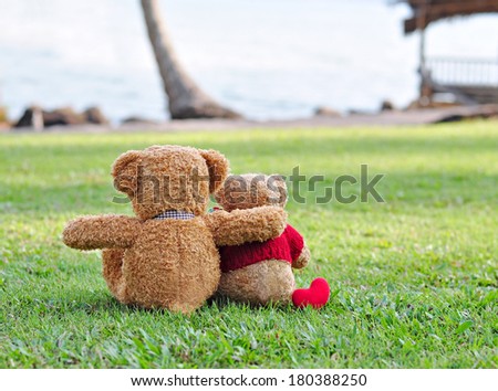 Teddy bears sitting on the grass overlooking the sea.Concept about love and relationship