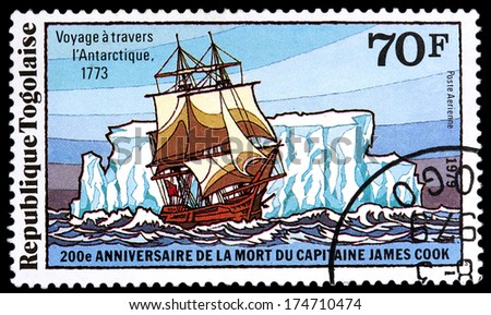 TOGOLESE REPUBLIC - CIRCA 1979: a stamp printed in Togolese Republic shows a research vessel of James Cook expedition. CIRCA 1979