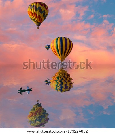 hot air balloons flying against a beautiful sky and ocean with a canoe following them