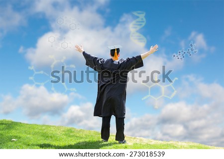 a young college graduate set against a blue sky dotted with scientific formulas as if it is a LCD screen