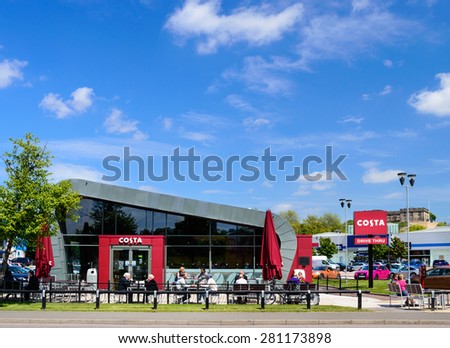 NOTTINGHAM, ENGLAND - MAY 21: Costa coffee shop and drive-thru. On Castle Marina Retail Park, in Nottingham, England. On 21st May 2015.