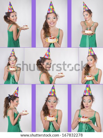Collage of a happy brunette girl with a birthday hat and a cake with candle on it