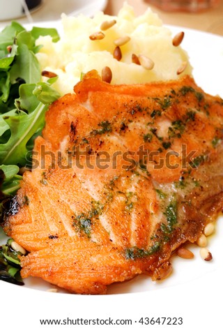 Grilled Salmon - Grilled Salmon with fresh lettuce and mash potatoes
