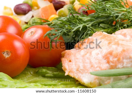 Stake from a salmon with vegetables on a plate